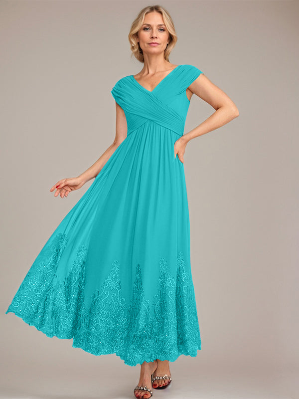 A-Linien V-Ausschnitt Knöchellanges Chiffon Kleid der Brautmutter mit Applikationen und Pailletten