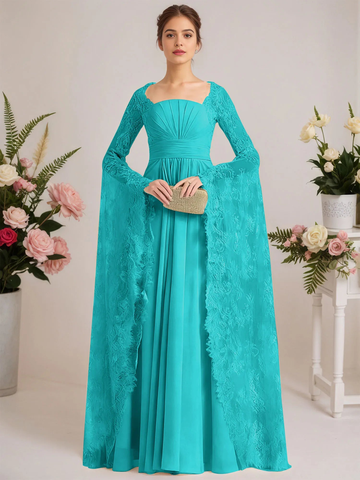 A-line Square Floor-Length Chiffon Lace Evening Dress With Beading Pleated