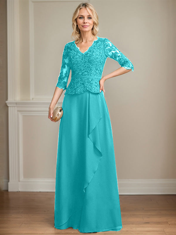 Robe mère de la mariée en dentelle et chiffon, coupe évasée, encolure en V, longue au sol avec volants en cascade et sequins