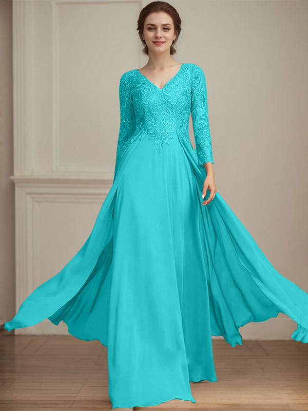 A-Linien V-Ausschnitt Bodenlanges Spitzen-Chiffon Kleid für die Brautmutter mit Pailletten