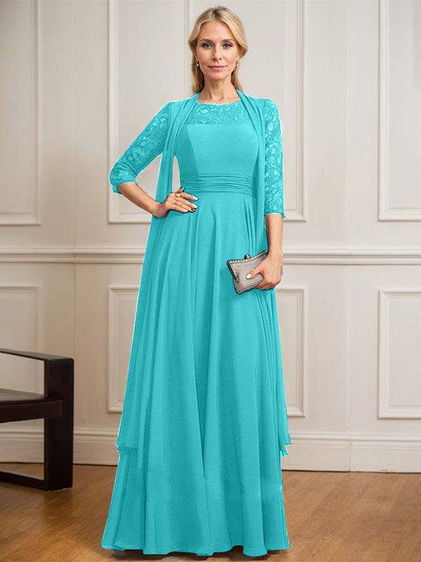 A-Linien Kleid mit Rundhalsausschnitt, Illusion, bodenlang aus Spitze und Chiffon, Mutter-der-Braut-Kleid mit Faltenwurf