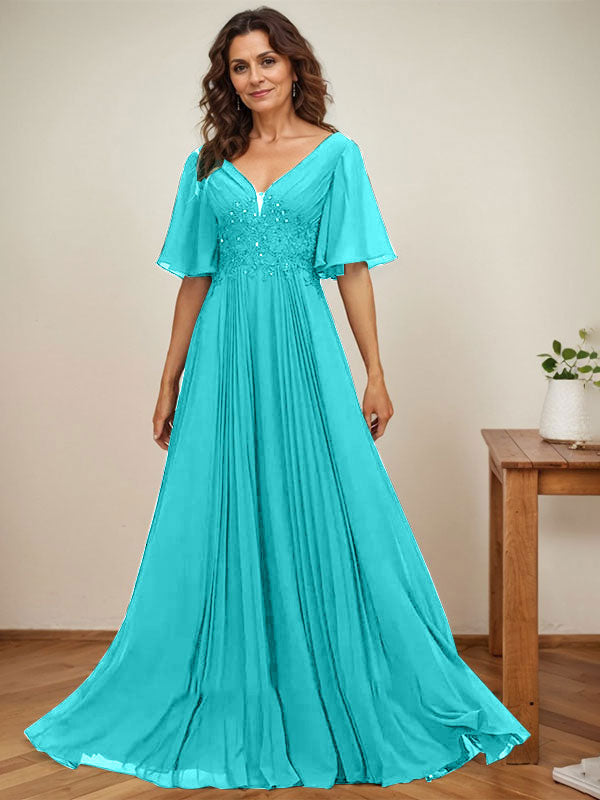 A-Linien V-Ausschnitt bodenlanges Chiffon Mutterkleid der Braut mit Pailletten-Applikationen, Spitze und Falten