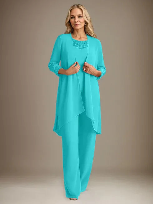 Chiffon Kleid mit Rundhalsausschnitt und langen Ärmeln, Mutter-der-Braut Hosenanzug mit Jacke