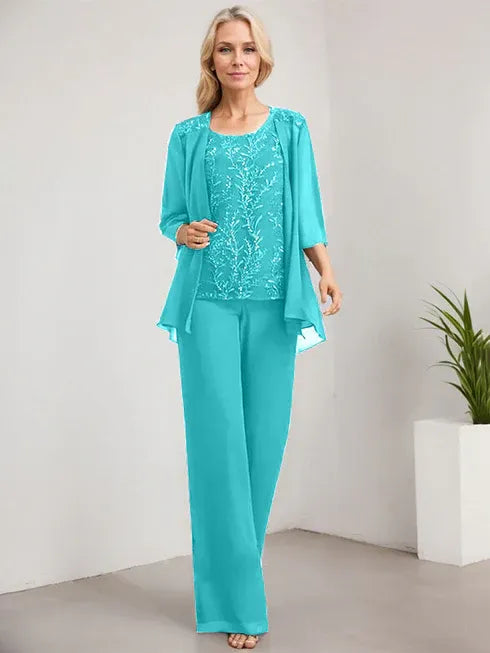 Zweiteiler Jumpsuit/Hosenanzug U-Ausschnitt bodenlanges Spitzen Chiffon Mutter der Braut Kleid mit Pailletten