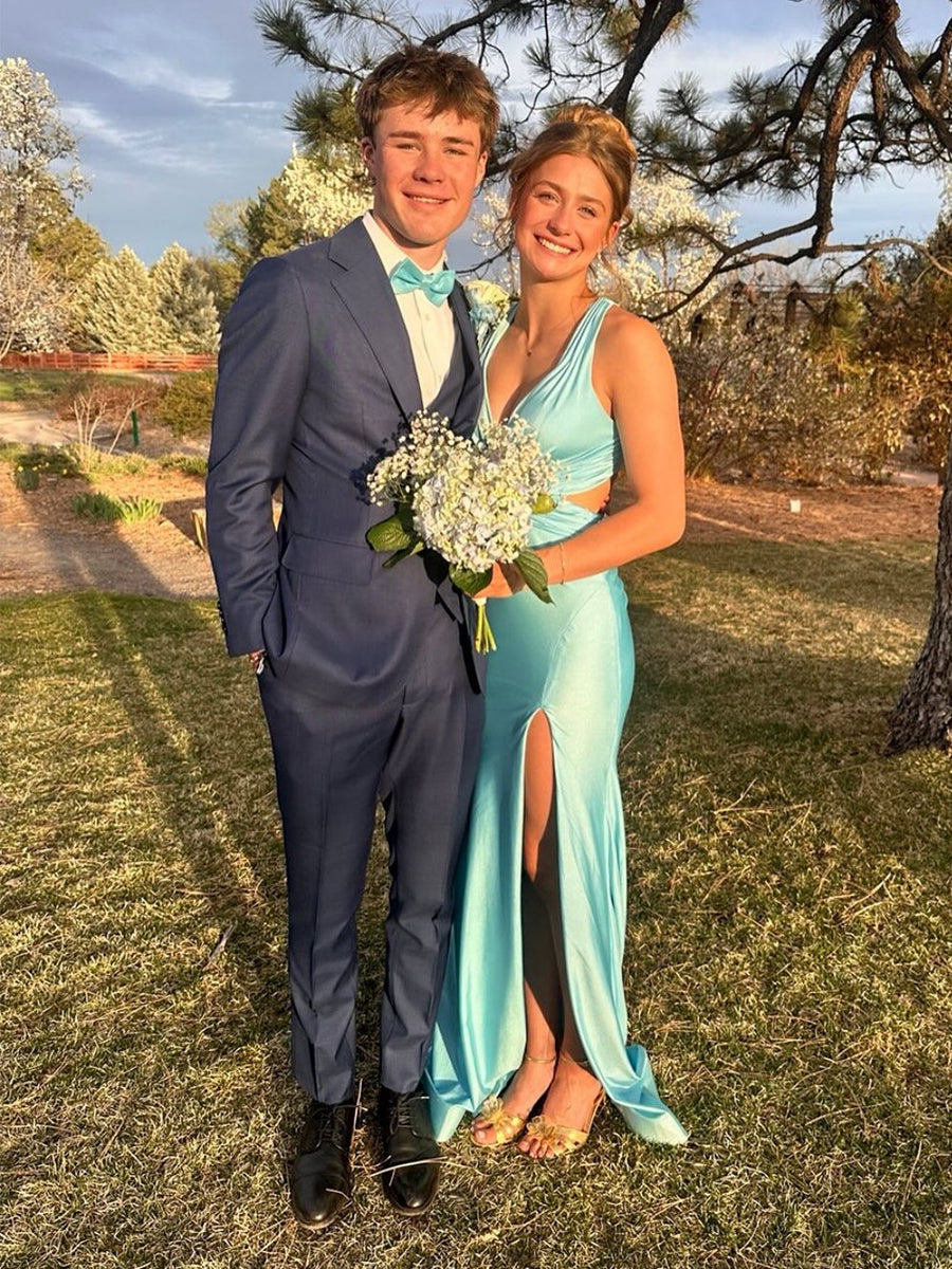 Turquoise Halter V-Neck Side Waist Cutouts Prom Dress with High Slit