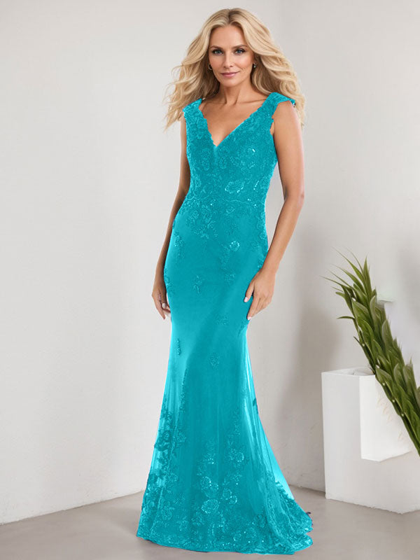 A-Linien V-Ausschnitt bodenlanges Spitzen-Chiffon Kleid für die Brautmutter mit Applikationen und Pailletten Meerjungfrauenkleid