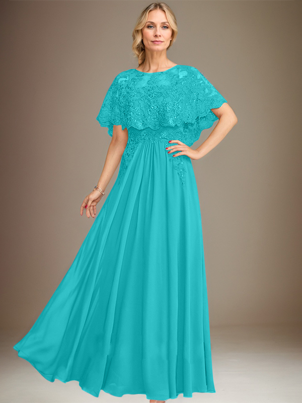 A-Linien Spitzen-Chiffon-Mutter-der-Braut-Kleid mit Bootsausschnitt, bodenlang und Applikations-Pailletten