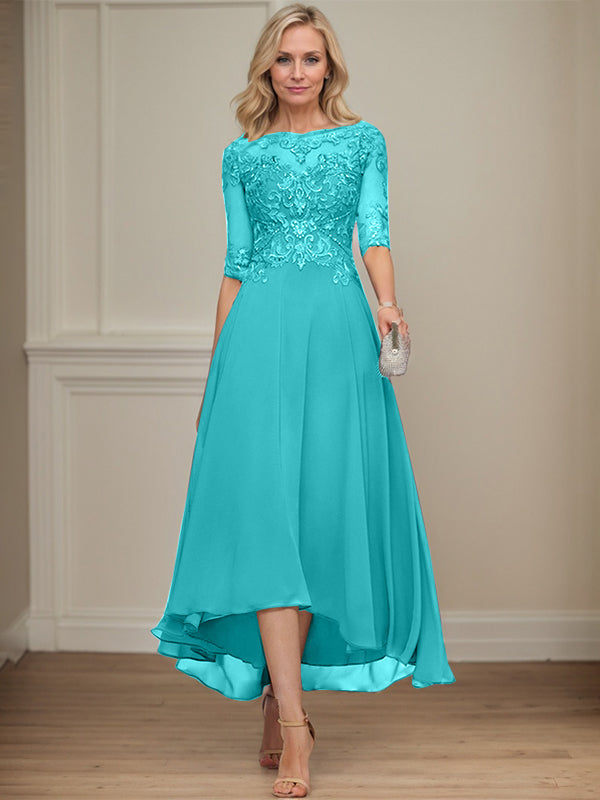 A-Linien Bootsausschnitt Illusionskleid mit asymmetrischem Chiffon-Spitzenstoff, Mutter-der-Braut-Kleid mit Paillettenperlen