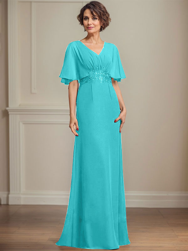 A-Linien Chiffon Mutter-der-Braut-Kleid mit V-Ausschnitt, bodenlang, mit plissierten Pailletten-Applikationen und Spitze