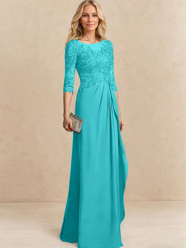 Vestido para la madre de la novia línea A con escote redondo ilusión, largo hasta el suelo, de gasa y encaje con cuentas, lentejuelas y volantes en cascada