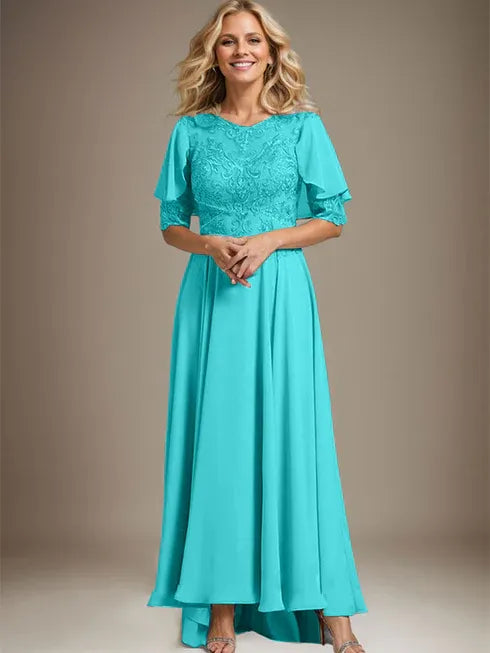 A-Linien Kleid mit Scoop-Ausschnitt, Illusion, asymmetrischem Chiffon und Spitzen, Mutter-der-Braut-Kleid mit Perlenbesatz
