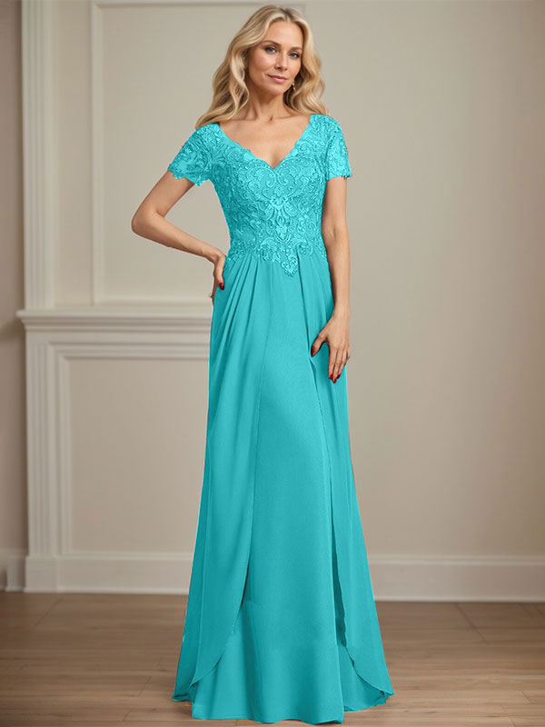 A-Linien Chiffon-Spitzen-Mutter-der-Braut-Kleid mit V-Ausschnitt, bodenlang