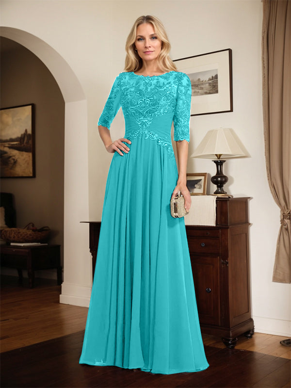 A-Linien Ausschnitt Illusions-Bodenlanges Chiffon-Spitzenkleid für die Mutter der Braut mit plissierten Pailletten