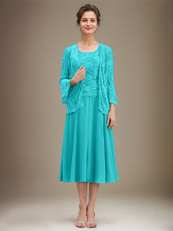 A-Linien Spitzen-Chiffon-Brautmutterkleid mit V-Ausschnitt, tea-length, mit Pailletten