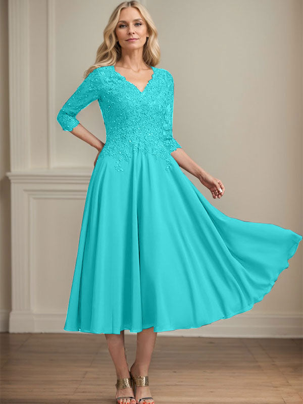 Robe de mère de la mariée en mousseline longueur thé, ligne A, col en V, en dentelle avec perles et sequins
