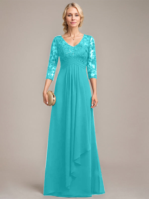 A-Linien V-Ausschnitt bodenlanges Spitzen-Chiffonkleid für die Mutter der Braut mit kaskadierenden Rüschen und Pailletten