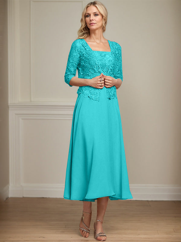 Robe de mère de la mariée en mousseline et dentelle ligne A longueur thé avec perles et sequins