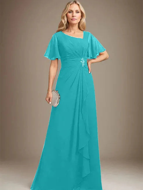 A-Linien asymmetrisches bodenlanges Chiffon Mutter-der-Braut-Kleid mit plissierten Perlen und Pailletten