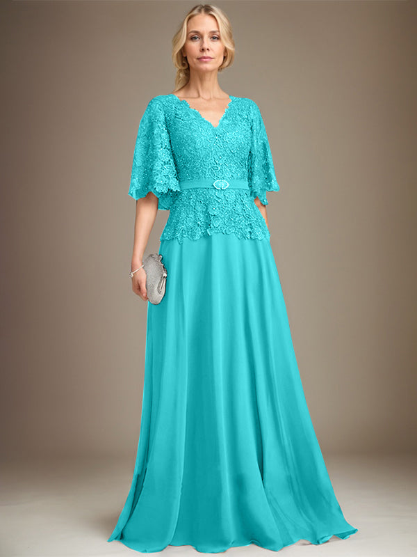 A-Linien V-Ausschnitt Bodenlanges Chiffon-Spitzen Mutter-der-Braut-Kleid mit Kristallbrosche und Strass
