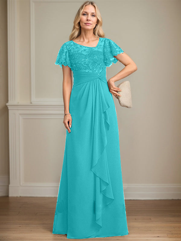 A-Linie asymmetrisches Illusions bodenlanges Spitzen-Chiffon Brautmutterkleid mit kaskadierenden Volants und Pailletten