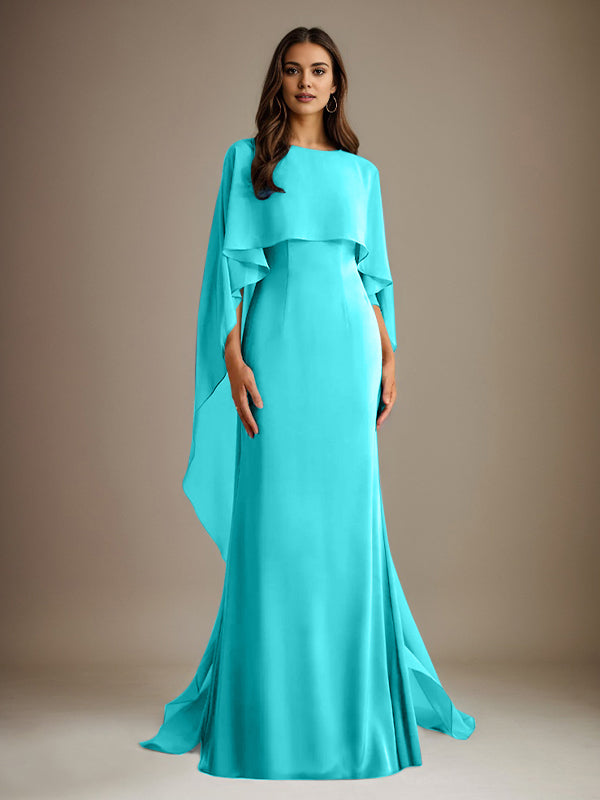 Etuikleid/Säulenkleid Bootsausschnitt bodenlanges Chiffon Mutter-des-Braut-Kleid mit kaskadierenden Rüschen