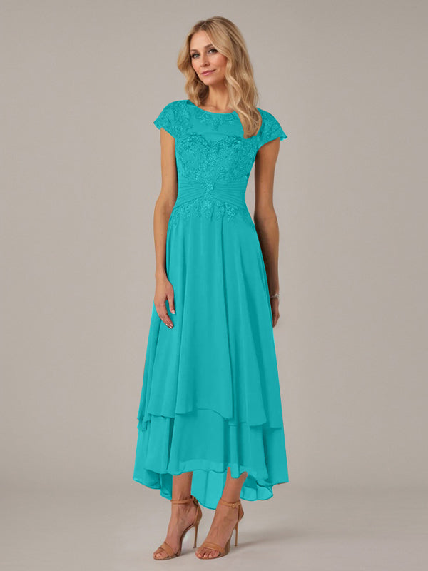 A-Linien Boot-Ausschnitt Illusions asymmetrisches Chiffon-Spitzen Mutterkleid der Braut mit Applikationsfalten