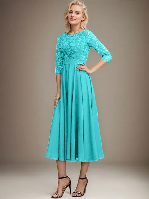 A-Linien Spitzen-Chiffon-Brautmutterkleid mit V-Ausschnitt, tea-length, mit Pailletten