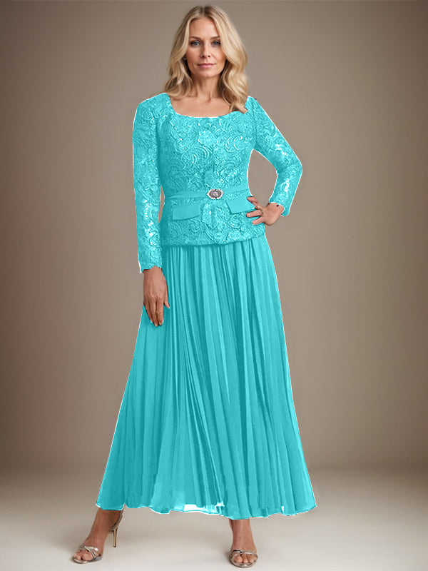 A-Linien-Kleid mit quadratischem Ausschnitt, knöchellang, Chiffon, Mutter der Braut, mit Falten