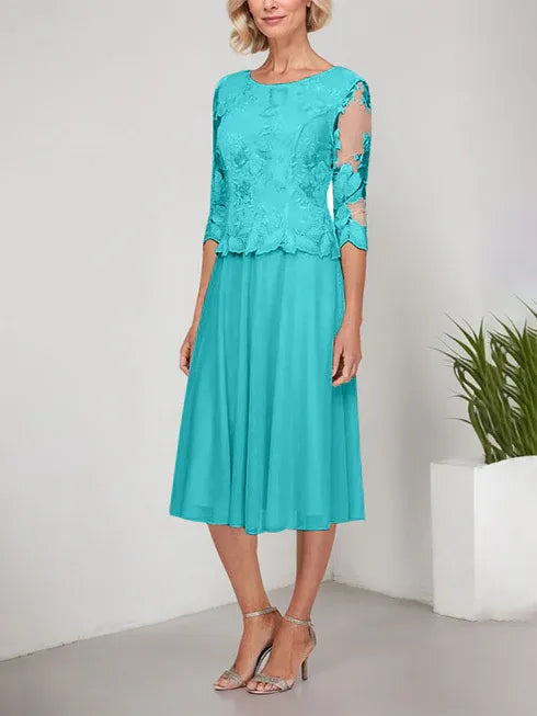 A-Linie Rundhals Tee-Länge Spitze Chiffon Mutter-der-Braut-Kleid mit Stickerei