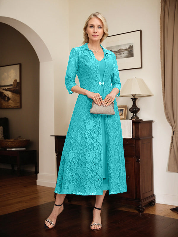 Robe mère de la mariée en mousseline longueur thé à encolure en V et coupe trapèze
