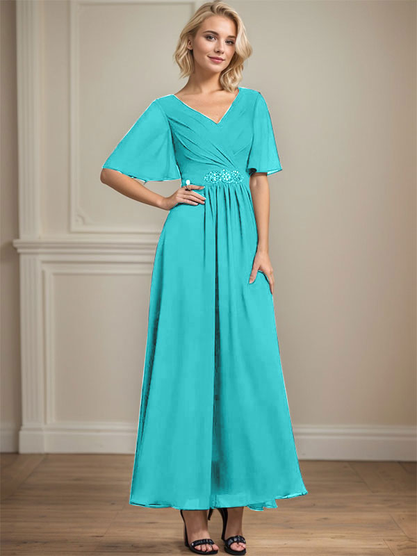 A-Linien V-Ausschnitt Knöchellanges Chiffon Kleid für die Brautmutter mit plissierten Perlen und Pailletten
