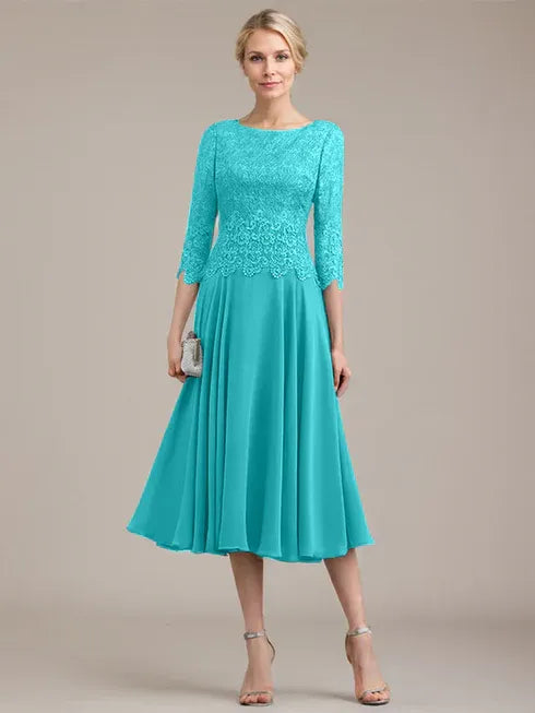 A-Linien Kleid mit Rundhalsausschnitt, tea-länge, Spitze und Chiffon, Mutter der Braut Kleid