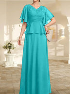 Robe mère de la mariée ligne A en chiffon longue au sol avec décolleté en V et perles plissées