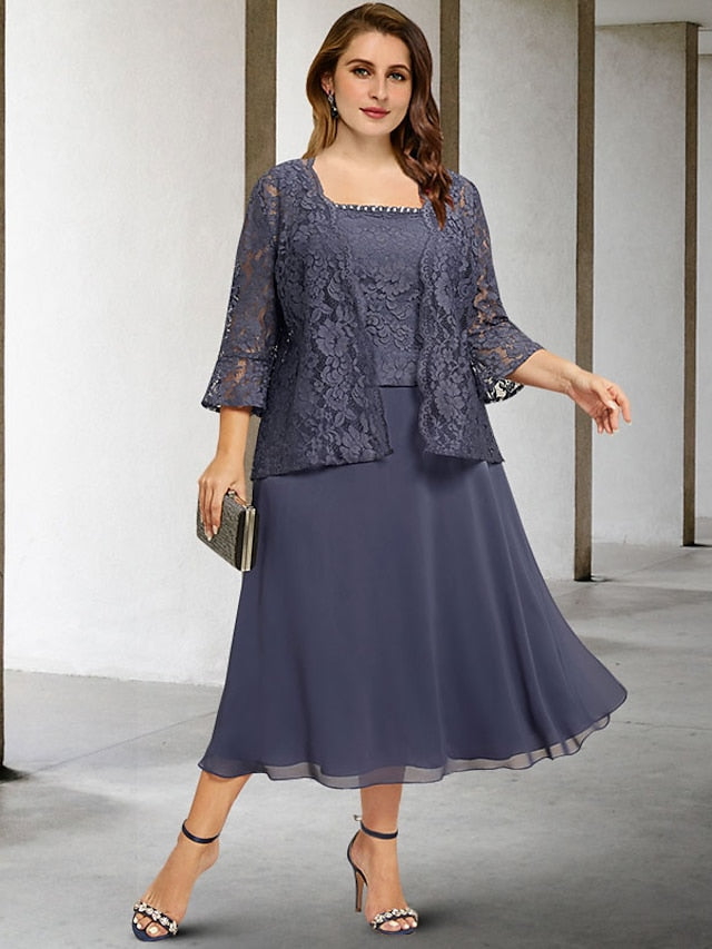 Vestidos de mãe da noiva em linha A/princesa com alças finas e comprimento tea