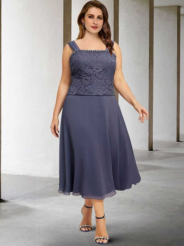 Vestidos de mãe da noiva em linha A/princesa com alças finas e comprimento tea