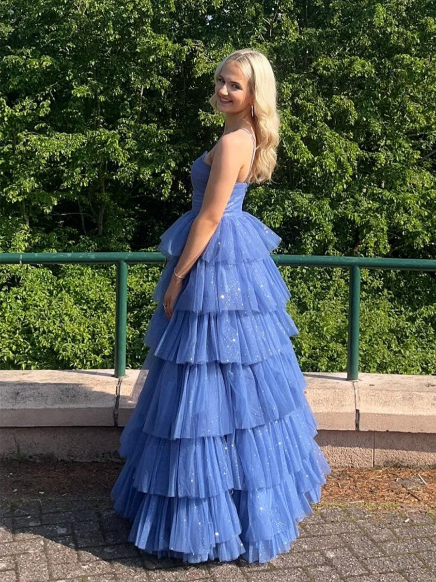 V-Neck Sage Green Tiered Sparkle Tulle Long Prom Dress