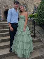 V-Neck Sage Green Tiered Sparkle Tulle Long Prom Dress