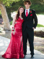 V-Neck Sequin Appliques Long Prom Dress with Slit