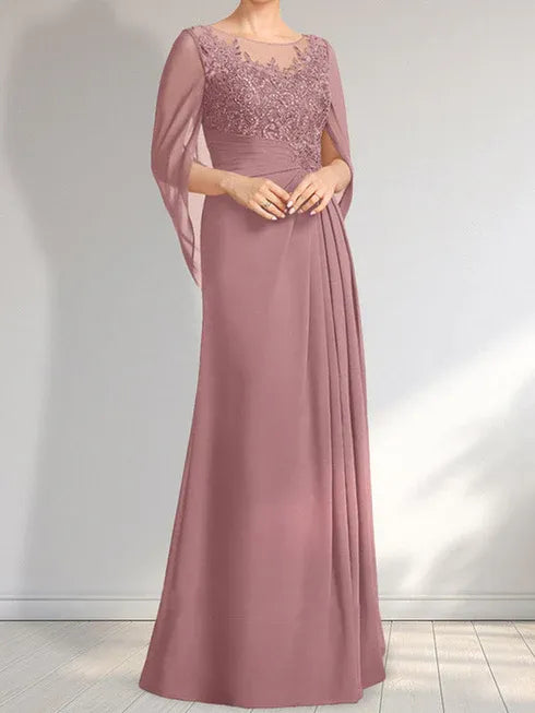 A-Linien Rundhals Illusions bodenlanges Spitzen-Chiffon Kleid für die Brautmutter mit plissierten Pailletten