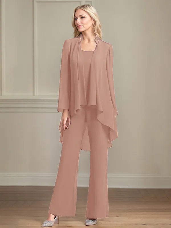 Chiffon Kleid mit Rundhalsausschnitt, langen Ärmeln, bodenlang, Hosenanzug für die Brautmutter