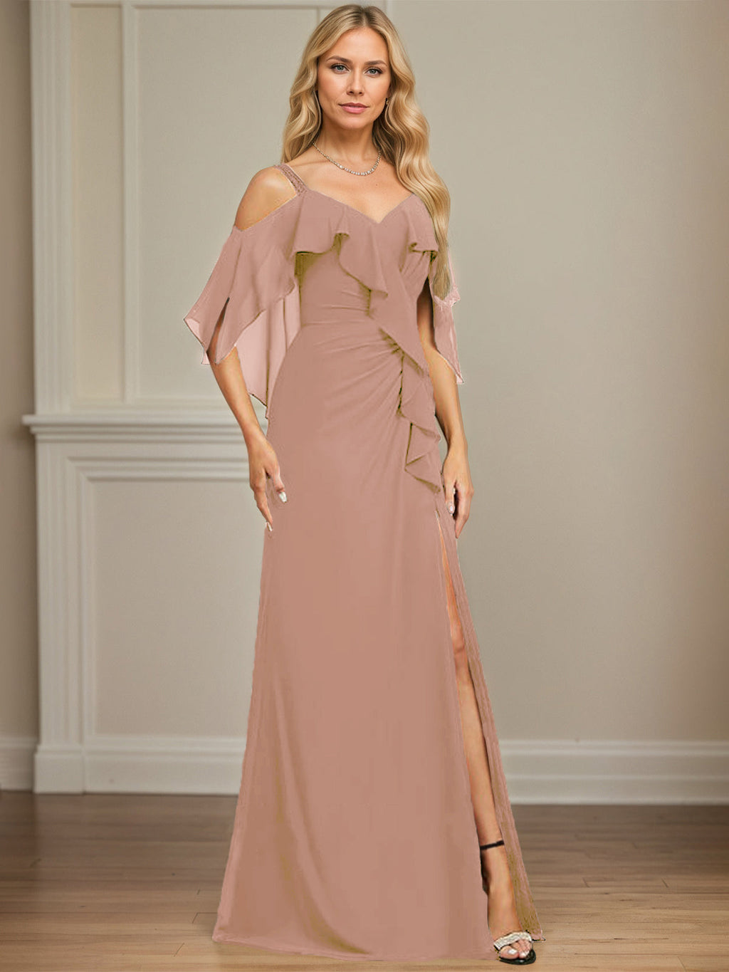 Sheath/Column Cold Shoulder V-Neck Floor-Length Chiffon Dress With Cascading Ruffles Sequins Beading