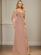 Sheath/Column Cold Shoulder V-Neck Floor-Length Chiffon Dress With Cascading Ruffles Sequins Beading