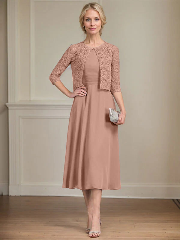 A-Linien Rundhals Tee-Länge Chiffon Kleid für die Mutter der Braut mit Falten