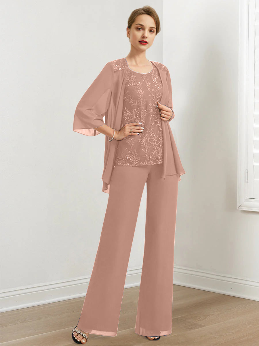 Chiffon Hosenanzüge für die Brautmutter mit Pailletten und Jacke