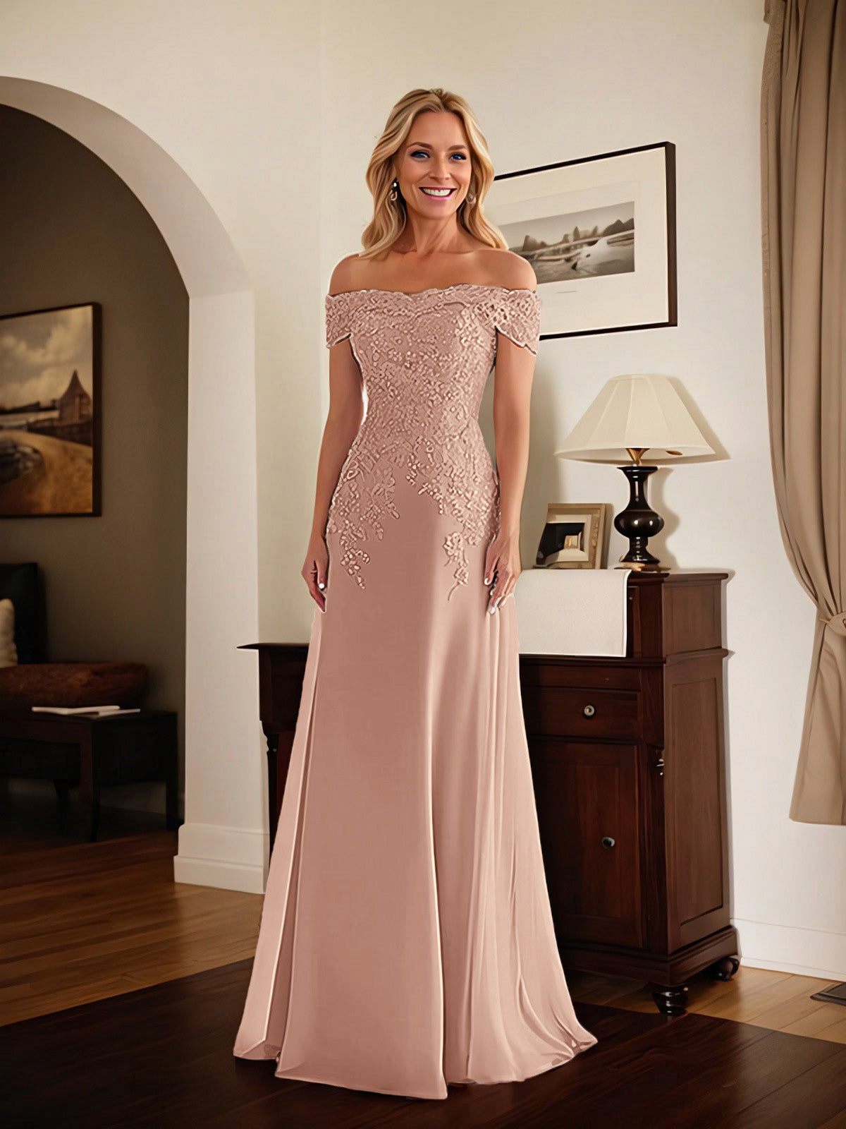 Elegantes taupefarbenes schulterfreies Etuikleid Mutter der Braut Kleid mit Spitze
