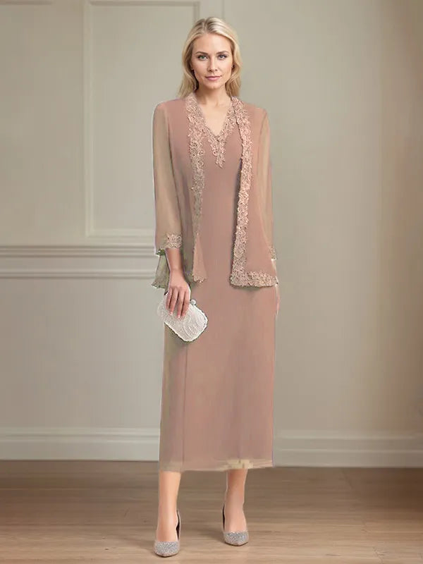 Etui/Column Chiffon V-Ausschnitt 3/4 Ärmel Tea-Length Kleid für die Mutter der Braut