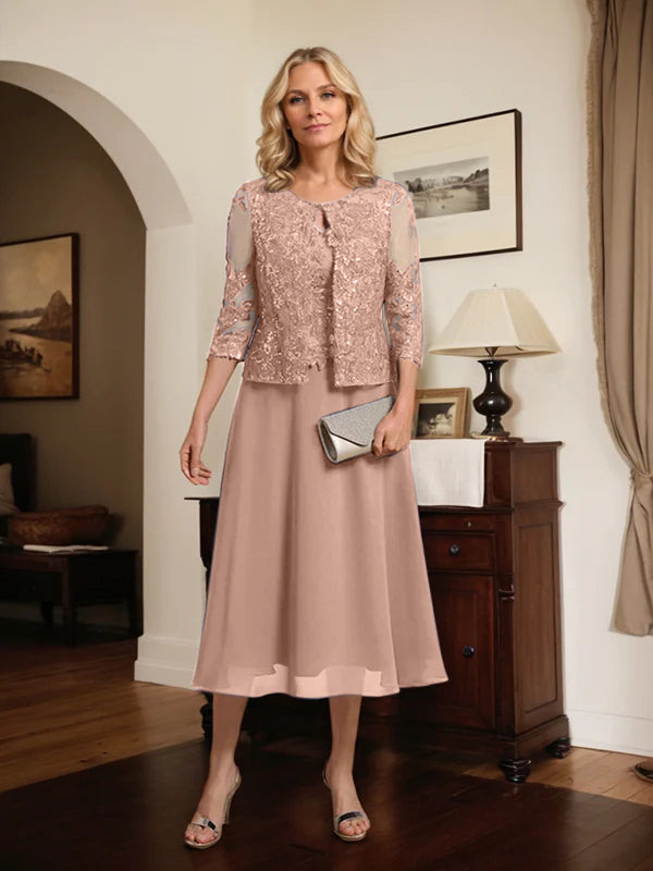 A-Linien Spitzen-Chiffon-Brautmutterkleid mit V-Ausschnitt, tea-length, mit Pailletten