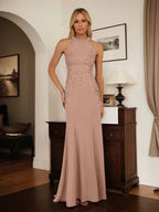 Dusty Blue Sheath Halter Long Mother of Bride Dress With Appliques