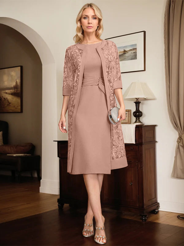 Etui-/Säulen-Kleid mit Rundhalsausschnitt, knielang, Chiffon, Mutter-der-Braut-Kleid mit plissierten Pailletten