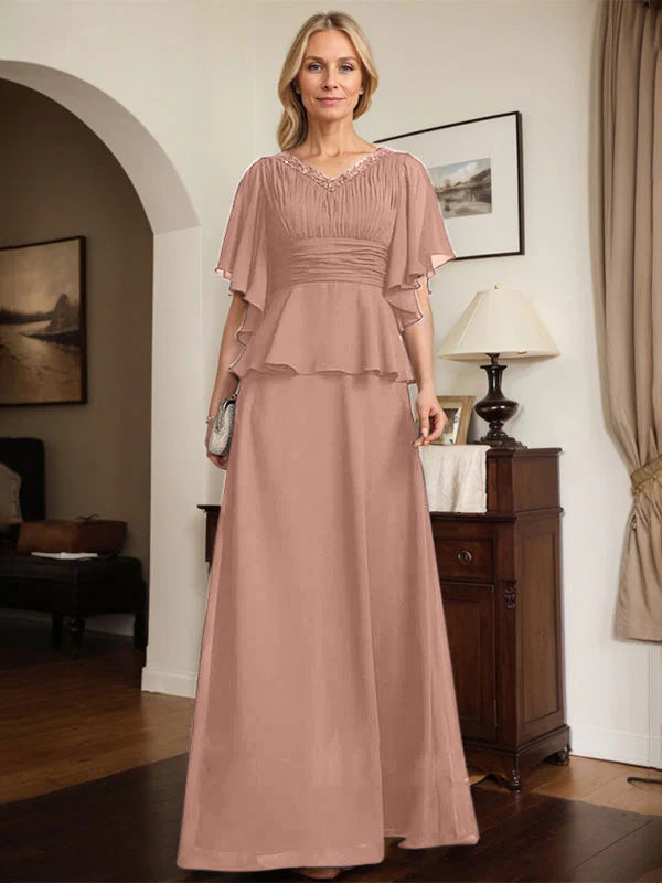 A-Linien Chiffon-Mutter-der-Braut-Kleid mit V-Ausschnitt, bodenlang, plissierte Perlenverzierung